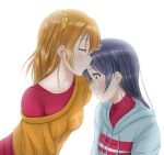  2girls blue_hair blush closed_eyes collarbone forehead_kiss hairband kiss kousaka_honoka long_hair love_live!_school_idol_project multiple_girls orange_eyes orange_hair roaru_(gyuren) side_ponytail simple_background sonoda_umi white_background yuri 