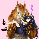  1girl black_hair blue_eyes breasts carrying claws cleavage dress fur heart kachina nephthys_(p&amp;d) ponytail princess_carry puzzle_&amp;_dragons set_(p&amp;d) smile wolf yellow_eyes 