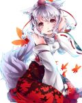  1girl animal_ears bare_shoulders breasts detached_sleeves hand_on_head hat inubashiri_momiji looking_at_viewer mizurapi open_mouth pom_pom_(clothes) red_eyes short_hair silver_hair simple_background sitting solo tail tokin_hat touhou white_background wolf_ears wolf_tail 