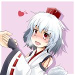  1girl animal_ears blush breasts bridal_gauntlets detached_sleeves happy heart holding_hands inubashiri_momiji kourindou_tengu_costume open_mouth pink_background red_eyes sashimi_(magureatari) short_hair silver_hair simple_background solo tail touhou wolf_ears wolf_tail 