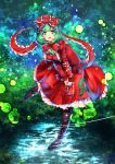  1girl arm_ribbon boots bow cross-laced_footwear dress front_ponytail green_eyes green_hair hair_bow juliet_sleeves kagiyama_hina long_sleeves open_mouth puffy_sleeves red_dress smile solo spinning touhou umigarasu_(kitsune1963) v_arms 