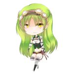  1girl borrowed_character breasts chibi cleavage detached_sleeves full_body goggles goggles_on_head green_hair long_hair midriff navel original pointy_ears rynn_(acerailgun) short_shorts shorts shoulder_pads shouu-kun signature solo thigh-highs transparent_background yellow_eyes 