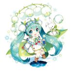  1girl :d absurdly_long_hair ahoge aqua_eyes aqua_hair blush boots chibi flower hairband hatsune_miku leaf lily_of_the_valley long_hair looking_at_viewer mistletoe nardack open_mouth rabbit sitting smile solo twintails very_long_hair vocaloid 