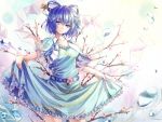  1girl belt blue_eyes blue_hair bubble cherry_blossoms collarbone curtsey hair_ornament hair_rings hair_stick kaku_seiga looking_at_viewer open_clothes open_vest puffy_short_sleeves puffy_sleeves shawl shironeko_yuuki short_sleeves smile solo touhou tree vest 