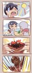  1girl 2boys 4koma black_hair chocolate chocolate_covered closed_eyes comic dunceneygak food highres hot ice_cream money multiple_boys open_mouth opening original personification silent_comic sun sweat 