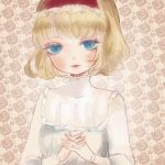  1girl alice_margatroid alternate_costume blonde_hair blue_eyes dress hairband hands_clasped short_hair solo touhou yujup 