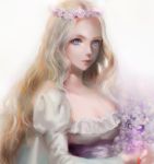  1girl blonde_hair blue_eyes bust dress flower head_wreath lips long_hair looking_at_viewer moemoe3345 original realistic solo 