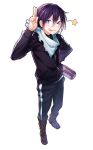  &gt;_o 1boy ;q black_hair blue_eyes highres jersey noragami one_eye_closed pants scarf simple_background solo standing star steelleets tongue tongue_out track_jacket track_pants white_background yato_(noragami) 