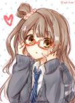  1girl adjusting_glasses blush brown_eyes brown_hair glasses heart kudukimii long_hair looking_at_viewer love_live!_school_idol_project minami_kotori necktie open_mouth red-framed_glasses scrunchie side_ponytail sleeves_past_wrists solo twitter_username 