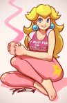  1girl barefoot blonde_hair blue_eyes breasts casual cleavage clothes_writing cup earrings jewelry long_hair mug princess_peach robert_porter smile solo spandex star super_mario_bros. 