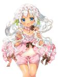  1girl babydoll bare_shoulders blue_eyes blush choker earrings flower frills hair_flower hair_ornament jewelry lingerie long_hair looking_at_viewer miwabe_sakura navel necklace one-piece_tan open_mouth original ribbon shorts silver_hair solo tan tanline twintails underwear very_long_hair 