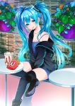  1girl absurdres blue_hair brand_name_imitation drink drinking_straw eating flower food_in_mouth french_fries green_eyes hatsune_miku highres hoodie long_hair looking_at_viewer mouth_hold off_shoulder sitting solo thigh-highs twintails very_long_hair vocaloid 