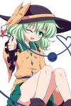  1girl aiming_at_viewer bow finger_gun green_eyes green_hair hat hat_bow heart heart_of_string highres isa komeiji_koishi long_sleeves one_eye_closed open_mouth shirt sitting skirt smile solo third_eye touhou wide_sleeves 