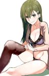  1girl adjusting_clothes adjusting_legwear bra breasts cleavage collar collarbone dressing green_eyes green_hair hair_ornament hairclip kantai_collection lingerie long_hair looking_at_viewer mound_of_venus panties parted_lips ruuto_(sorufu) sitting smile solo suzuya_(kantai_collection) thigh-highs underwear white_background 