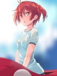  1girl blush costume female highres isshiki_akane looking_at_viewer michairu open_mouth red_eyes redhead short_hair sketch solo sweat twintails vividred_operation wet wet_clothes wet_shirt 