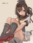  1girl akizuki_(kantai_collection) black_hair brown_hair chou-10cm-hou-chan dated headband kantai_collection knees_up machinery ponytail school_uniform serafuku short_hair short_sleeves sitting skirt solo toro_(konirio) 