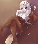  1girl breasts brown_eyes brown_sclera chocolate chocolate_covered convenient_leg dunceneygak finger_to_mouth food goo_girl hair_as_food highres ice_cream monster_girl original personification pointing pointing_at_viewer smile solo white_hair white_skin 
