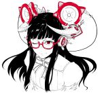  1girl glasses highres horns jaco long_hair monochrome one_eye_closed original red_eyes semi-rimless_glasses simple_background solo spot_color under-rim_glasses white_background 