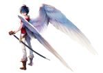  1boy angel_wings belt black_eyes black_hair boots brown_gloves chkuyomi gloves large_wings looking_at_viewer sheath sheathed short_hair solo standing sword tenkuu_no_escaflowne van_fanel weapon white_background wings 