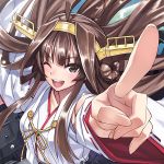  1girl ;d ahoge blush brown_eyes brown_hair detached_sleeves hairband japanese_clothes kantai_collection kongou_(kantai_collection) long_hair looking_at_viewer matsuryuu nontraditional_miko one_eye_closed open_mouth pointing pointing_at_viewer ribbon-trimmed_sleeves ribbon_trim smile solo 