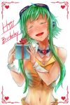  1girl blush closed_eyes gift goggles goggles_on_head green_hair gumi happy_birthday heart highres jaco open_mouth simple_background smile solo tears vocaloid white_background 