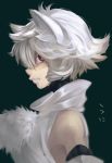  1girl albino animal_ears black_background detached_sleeves highres inubashiri_momiji looking_at_viewer namauni no_hat no_headwear pom_pom_(clothes) portrait profile red_eyes shirt short_hair simple_background solo text touhou turtleneck white_hair wolf_ears 