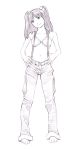  1girl bikini_top monochrome original pants sketch solo suspenders traditional_media twintails yoshitomi_akihito 