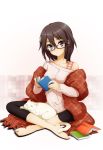  1girl animal_on_lap barefoot black_hair black_legwear blanket book brown-framed_glasses brown_eyes brown_hair cat glasses hair_between_eyes highres holding holding_book inaba_himeko indian_style kokoro_connect leggings looking_at_viewer off-shoulder_shirt open_book short_hair sitting sitting_on_lap sitting_on_person solo von-cx white_cat 