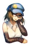  1girl bare_shoulders bespectacled blue_eyes blue_hat bridal_gauntlets brown_hair bust fingerless_gloves glasses gloves looking_at_viewer marie_(persona_4) mukka persona persona_4 semi-rimless_glasses short_hair solo tongue tongue_out white_blouse 