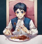  1boy bib black_hair blue_eyes child eating food io_(sinking=carousel) jojo_no_kimyou_na_bouken jonathan_joestar sitting solo steak 