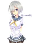  1girl arms_behind_back beeyan black_legwear breasts bust hair_ornament hair_over_one_eye hairclip hamakaze_(kantai_collection) highres kantai_collection large_breasts looking_at_viewer neckerchief pantyhose pleated_skirt sailor_collar school_uniform serafuku short_hair short_sleeves silver_hair simple_background skirt solo twitter_username violet_eyes white_background 