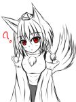  1girl ? animal_ears bare_shoulders breasts detached_sleeves firolat hat highres inubashiri_momiji looking_at_viewer monochrome open_mouth pom_pom_(clothes) red_eyes short_hair simple_background solo tail tokin_hat touhou white_background wolf_ears wolf_tail 