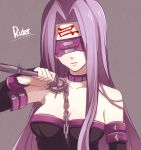 1girl bare_shoulders blindfold breasts bust character_name choker collarbone detached_sleeves facial_mark fate/stay_night fate_(series) forehead_mark ichinose_yukino long_hair purple_hair rider solo 