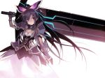  1girl absurdres armor bow breasts cleavage date_a_live dress gauntlets hair_bow hair_ornament highres huge_weapon long_hair looking_at_viewer namaniku_atk over_shoulder pauldrons purple_hair scan see-through_silhouette solo sword very_long_hair violet_eyes weapon weapon_over_shoulder yatogami_tooka 