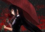  1girl akemi_homura black black_hair budouya dark flower from_side long_hair mahou_shoujo_madoka_magica profile rain solo spider_lily umbrella very_long_hair 