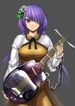  1girl adapted_object ayakumo biwa_lute breasts bust chain crescent dress expressionless flower grey_background hair_flower hair_ornament hair_over_one_eye holding instrument long_hair long_sleeves looking_at_viewer lute_(instrument) mole mole_under_eye neck_ribbon purple_hair ribbon simple_background skirt solo touhou tsukumo_benben twintails violet_eyes 
