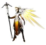  angela_ziegler armor blonde_hair high_ponytail highres looking_at_viewer mercy_(overwatch) official_art overwatch short_hair simple_background solo staff weapon wings 