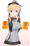  1girl alcohol anchor_hair_ornament beer beer_mug blonde_hair blush breasts gloves hat kantai_collection large_breasts long_hair long_sleeves looking_at_viewer microskirt military military_uniform nekoume open_mouth peaked_cap prinz_eugen_(kantai_collection) skirt solo translation_request twintails uniform white_gloves 