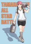  1girl baseball_cap bike_shorts brown_eyes brown_hair commentary_request gloves grey_legwear grin gufu6 hat kneehighs nanasono_yae propane_tank ribbed_legwear shadow shoes shorts smile sneakers solo tennis_shoes touran-sai twintails white_gloves 