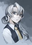  1girl asymmetrical_hair grey_eyes hetza_(hellshock) kantai_collection looking_at_viewer necktie nowaki_(kantai_collection) parted_lips school_uniform silver_hair solo vest 