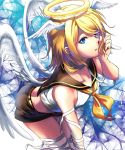  1girl angel_wings bandages bare_shoulders blonde_hair blue_eyes hair_ribbon halo head_wings highres kagamine_rin leaning_forward looking_at_viewer ribbon sailor_collar short_hair shorts solo vocaloid wings 
