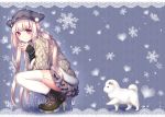  1girl blush dog from_side garter_straps hands_together hat heart lace_border long_hair original pink_eyes riichu skirt smile snowflakes solo squatting sweater thigh-highs very_long_hair white_legwear 