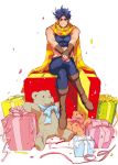  1boy blue_hair boots confetti gift jojo_no_kimyou_na_bouken joseph_joestar_(young) kurenai_karasu ribbon scarf sitting solo stuffed_animal stuffed_toy teddy_bear 