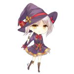  1girl boots borrowed_character cecilia_(acerailgun) chibi dress full_body hat original shouu-kun signature smile solo transparent_background twintails white_hair witch witch_hat wrist_cuffs yellow_eyes 