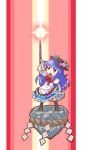 1girl blue_hair boots chibi deformed food fruit hat highres hinanawi_tenshi keystone long_hair long_skirt nibi peach red_eyes skirt solo sword_of_hisou touhou