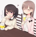  2girls alcohol beer black_hair blush brown_hair character_request closed_eyes glass kantai_collection long_hair multiple_girls nekoume open_mouth short_hair smile sweater table tears twintails violet_eyes 