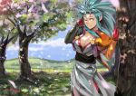  1girl blue_hair breasts cherry_blossoms cleavage earrings gloves jewelry long_hair naro0427 petals pointy_ears ryouko_(tenchi_muyou!) solo spiky_hair tenchi_muyou! tree winking yellow_eyes 