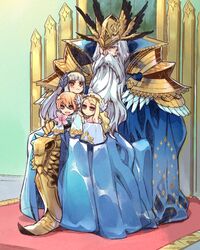  2boys 2girls baby beard blonde_hair brynhild_(reginleiv) cloak facial_hair family flower freia_(reginleiv) freyr_(reginleiv) hairpods helmet hpa_(pixiv) long_hair multiple_boys multiple_girls odin_(reginleiv) old_man orange_hair pauldrons pointy_shoes red_eyes short_hair silver_hair sitting sitting_on_lap sitting_on_person throne white_hair younger zangeki_no_reginleiv 