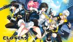  2boys 3girls :d black_eyes black_gloves black_hair black_legwear blue_eyes breasts brown_hair building chkuyomi closers clouds copyright_name fang fur_trim gloves green_eyes gun hairband handgun j_(closers) long_hair looking_at_viewer mistilteinn_(closers) multiple_boys multiple_girls necktie open_mouth pink_hair reverse_grip seha_lee seulbi_lee skirt sky smile socks sunglasses sword very_long_hair weapon white_hair white_legwear yuri_seo 