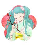  1girl aqua_hair branch budouya cherry_blossoms closed_eyes floral_print flower hair_flower hair_ornament hatsune_miku holding japanese_clothes kimono light_smile long_hair obi sash short_bangs smile solo twintails vocaloid wide_sleeves 